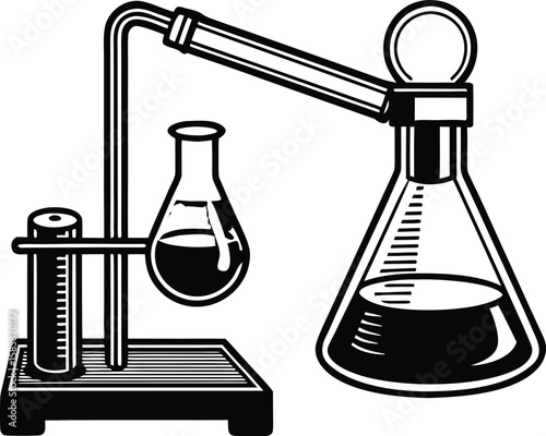 A chemistry setup with flasks and test tubes for scientific experiments isolated on white background