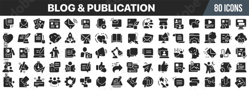 Blog and publication icon set. Content creation, writing, publishing, article, newsletter and media symbols. Vector illustration