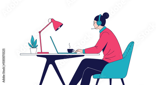 A person wearing headphones sits at a desk working on a laptop with a desk lamp and a plant nearby in this flat illustration design