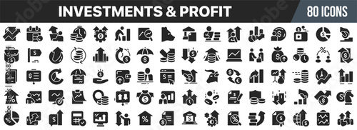 Investments and profit icon set. Financial growth, stock market, passive income. Business capital, revenue, crypto assets. Vector illustration