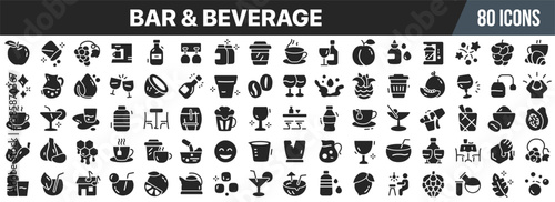 Bar and beverage icon set. Alcoholic drinks, coffee, cocktails. Wine, beer, soda, cafe tools. Vector illustration