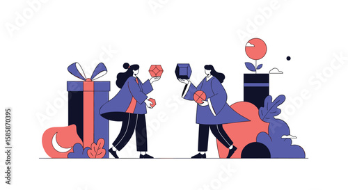 Two people exchanging gifts with colorful presents and ribbons creating a festive holiday atmosphere