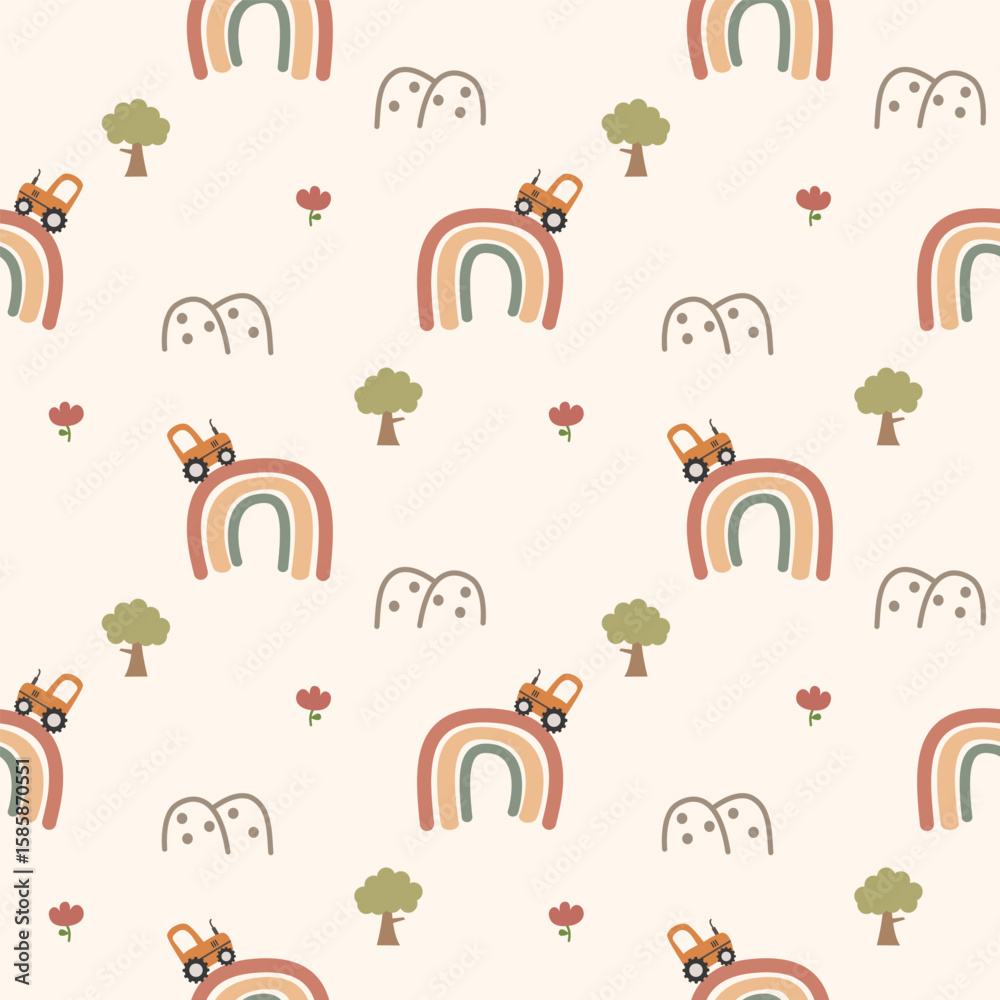 Fototapeta premium Tractor on rainbow cartoon so cute. On tree flower mountain background. Pattern seamless vector illustration. 