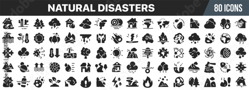 Natural disasters icon set. Earthquake, flood, wildfire, storm. Emergency situation, rescue operations. Vector illustration