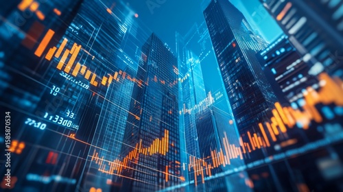 Futuristic city skyline with glowing skyscrapers overlaid by dynamic financial charts and data graphs.