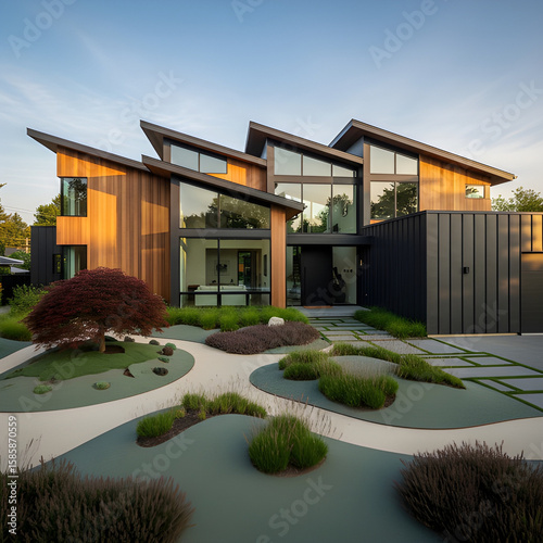 Modern suburban house with sloped rooflines, mix of wood and steel materials, front yard with sculptural landscaping