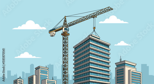 Towering cityscape under construction featuring a tall crane assembling a modern skyscraper under a clear blue sky with fluffy white clouds