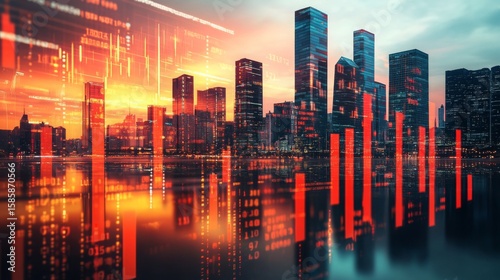 A futuristic city skyline blends with red and orange stock market charts, symbolizing finance and urban development at sunset.