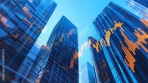 Modern glass skyscrapers reflect the sky, overlaid with digital stock market graphs and data, symbolizing finance and corporate growth.