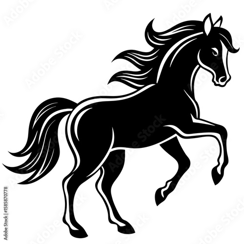 Create a Vector Silhouette of a Majestic Prancing Horse with Flowing Mane and Extended Legs