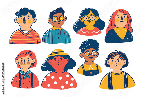 Vibrant Expressions: Captivating Illustrations of Diverse Faces, embodying a collection of individuals. A joyful showcase of character, personality, and emotive illustrations. 
