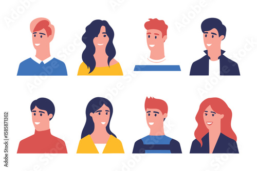 Diverse Portraits of Modern People: A collection of eight stylishly illustrated portraits showcasing a diverse range of individuals, each with their unique expressions and characteristics. 