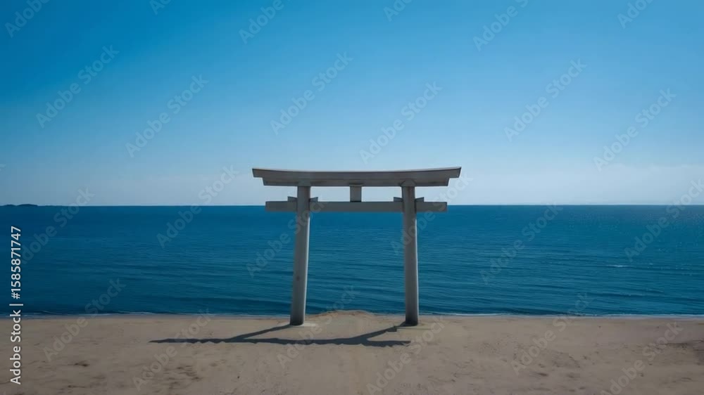 Traditional Japanese Torii Gate Standing On Sandy Beach With Blue Ocean And Clear Sky Symbolizing Peace And Serenity
Traditional Japanese Torii Gate Standing On Sandy Beach With Blue Ocean And Clear Sky Symbolizing Peace And Serenity