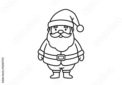 Santa drawing. Black and white outline of a full-body Santa Claus with his classic suit, beard, and hat. Vector sketch line art draw.