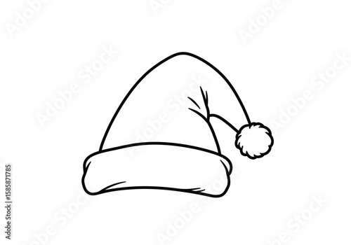 Santa hat drawing. Black and white outline of a classic Santa hat with a pompom, symbolizing Christmas and festive cheer. Vector sketch line art draw.