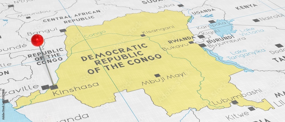 Obraz premium Democratic Republic of the Congo, Kinshasa - push pin on political map - 3D illustration