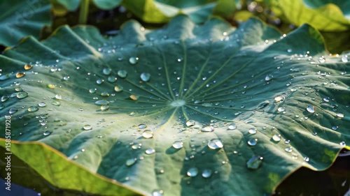 Close-up of crystal water drops on lotus leaves Crystal dew drops on lotus leaves