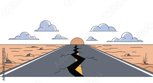 A cracked asphalt road stretches towards the horizon under a sky filled with fluffy clouds and a setting sun symbolizing a journey through challenging terrain