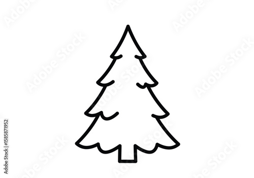 Xmas tree drawing. Black and white outline of a simple, classic Christmas tree, symbolizing the holiday season. Vector sketch line art draw.