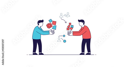 Two people sharing information and collaborating to solve problems together with abstract connection elements floating between them