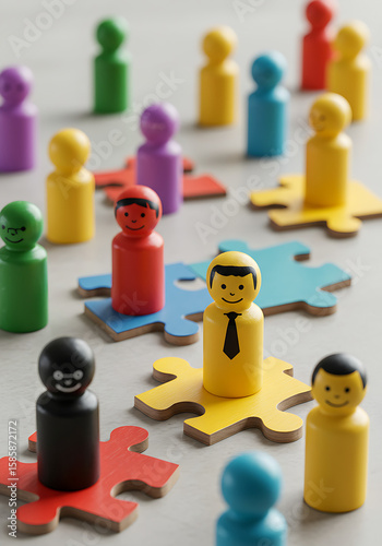 children playing with puzzle pieces, colorful wooden toy blocks, RelevanceColorful wooden figures represent diverse people connecting on jigsaw pieces. Teamwork, diversity concept visualizgame of game