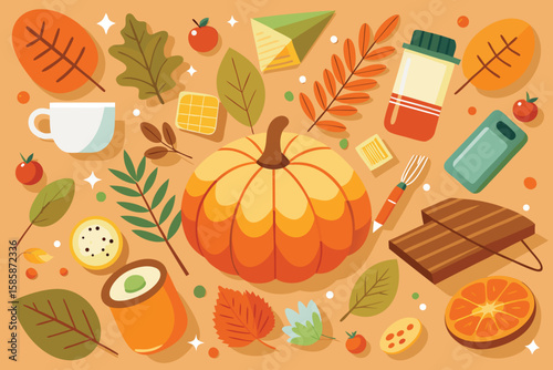 Seamless autumn pattern featuring fresh fruits, vegetables, and orange pumpkins