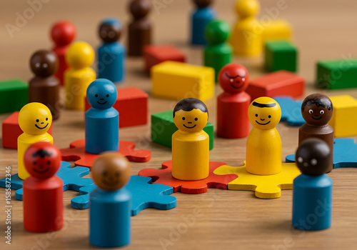 children playing with puzzle pieces, colorful wooden toy blocks, RelevanceColorful wooden figures represent diverse people connecting on jigsaw pieces. Teamwork, diversity concept visualizgame of game