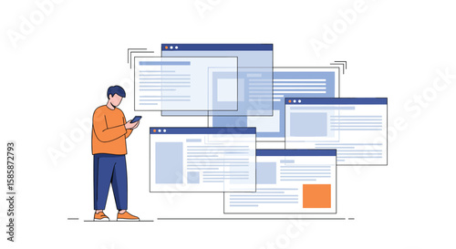 Person viewing multiple web pages on a mobile device illustrating information overload and digital connectivity concepts