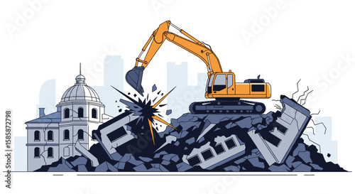 Heavy construction equipment demolishing buildings in urban environment showing progress and change