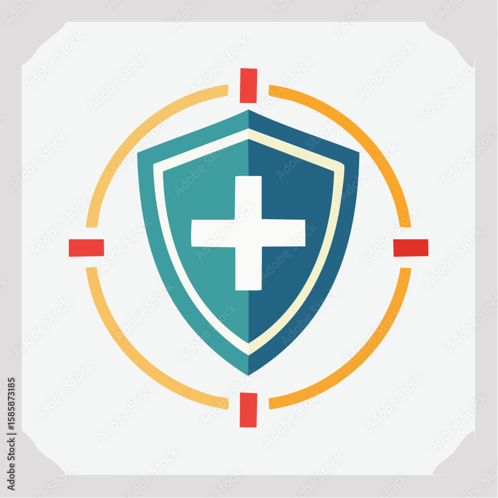 Obraz premium bold single shield with cross icon featuring radial border arrangement grouped vector shapes centered on artboard for protection and security designs 