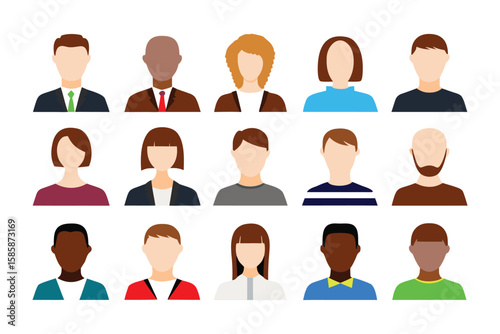 Diverse Group Iconography: A collection of clean, uncluttered flat vector avatars showcasing the rich diversity and inclusivity of various individuals.