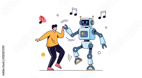 Human and robot dancing together with musical notes floating in the air symbolizing joy and entertainment