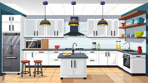 Realistic high-quality kitchen interior with white cabinets, black countertop, hanging lights, and built-in appliances, isolated on white. Minimal modern design. Vector illustration