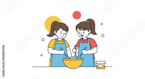 Two young girls happily mixing ingredients together in a large yellow bowl preparing for baking a delicious treat together