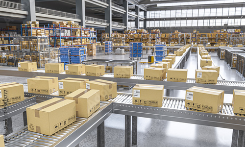 automated conveyor belts in large distribution warehouse 3d