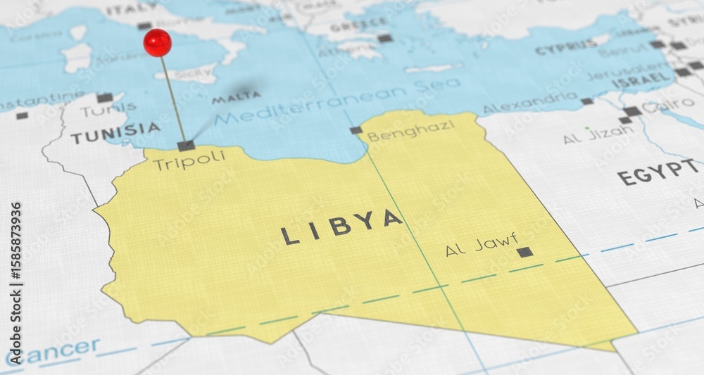 Obraz premium Libya, Tripoli - push pin on political map - 3D illustration
