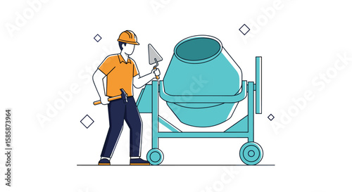 Skilled construction worker operating a portable concrete mixer for building materials preparation