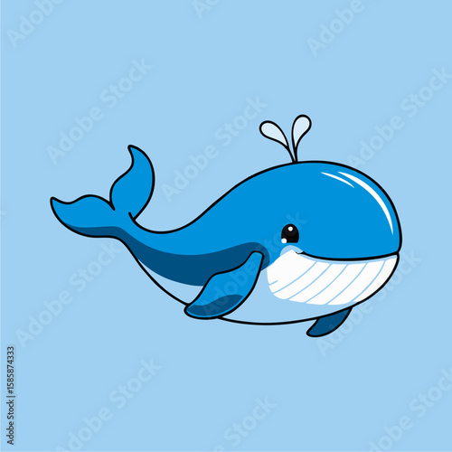 A cheerful cartoon whale swims playfully against a light blue background.
