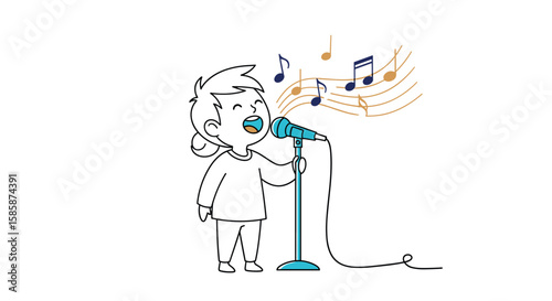 Adorable cartoon baby with a pacifier singing enthusiastically into a microphone with musical notes floating around symbolizing joy and entertainment
