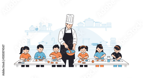 Young chefs learn culinary skills in interactive cooking class with professional chef guiding them through delicious recipes