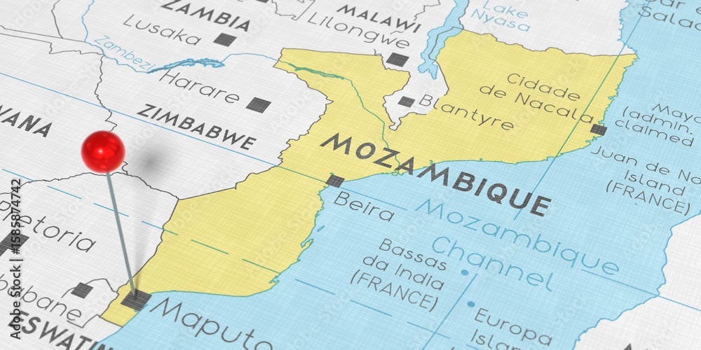 Fototapeta premium Mozambique, Maputo - push pin on political map - 3D illustration