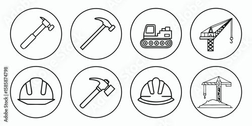 Construction tools and machinery icons hammer hard hat