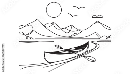 Continuous one single minimal line drawing canoe
