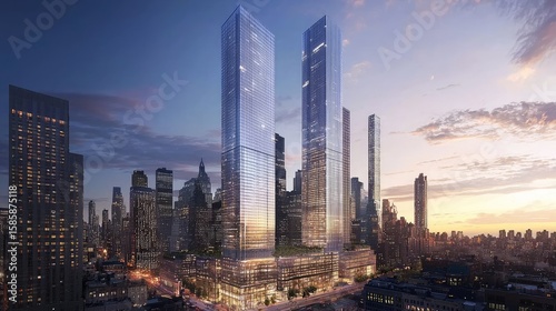Architectural rendering of two high-rise buildings in a city skyline.