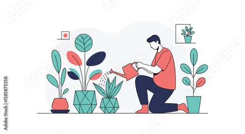 A man carefully waters his lush indoor plants maintaining a thriving green oasis at home