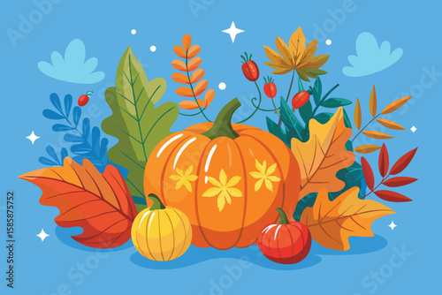 Vibrant vector illustration of an autumn pumpkin with fall leaves, perfect for Halloween and Thanksgiving harvest designs