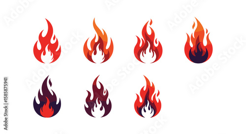 Collection of pixel art flames in vibrant red orange and yellow hues