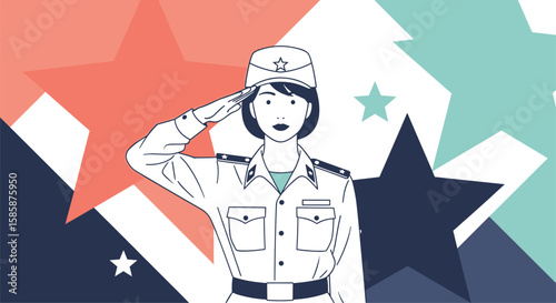 A respectful salute to a heroic soldier standing proudly against a backdrop of stars celebrating national pride and military strength