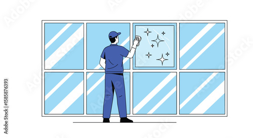 Professional window cleaner meticulously scrubbing a pane of glass with a squeegee and spray bottle achieving a sparkling clear view