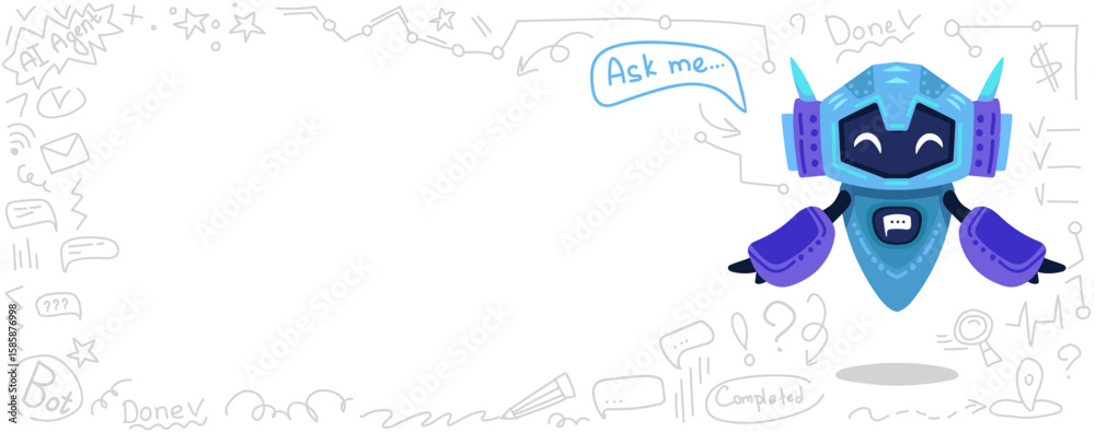Obraz premium Cute artificial intelligence chat bot. Banner concept with copy space for your text, AI servers help technology. Online communication, support assistance, cartoon digital agent. Vector illustration